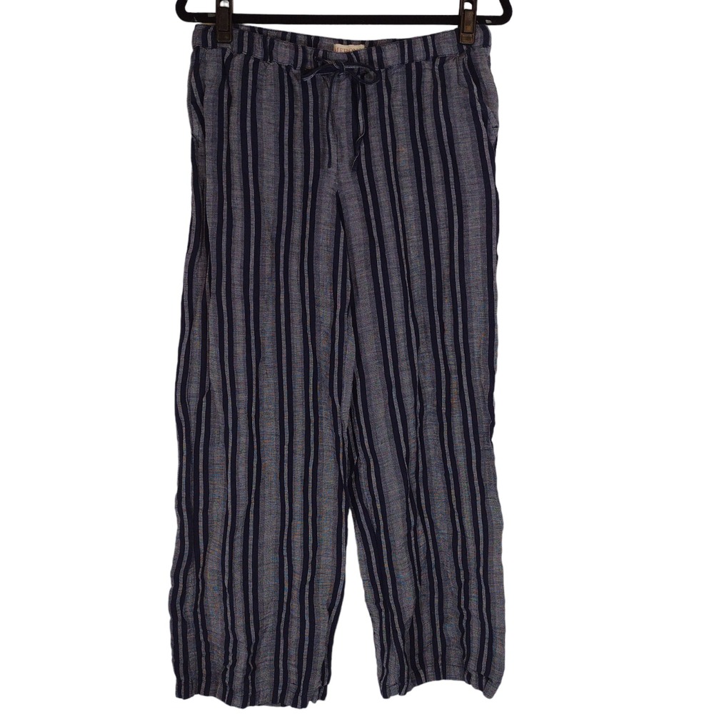 Merona Womens Blue Striped Linen Blend Drawstring Wide Leg‎ Crop Pants Small